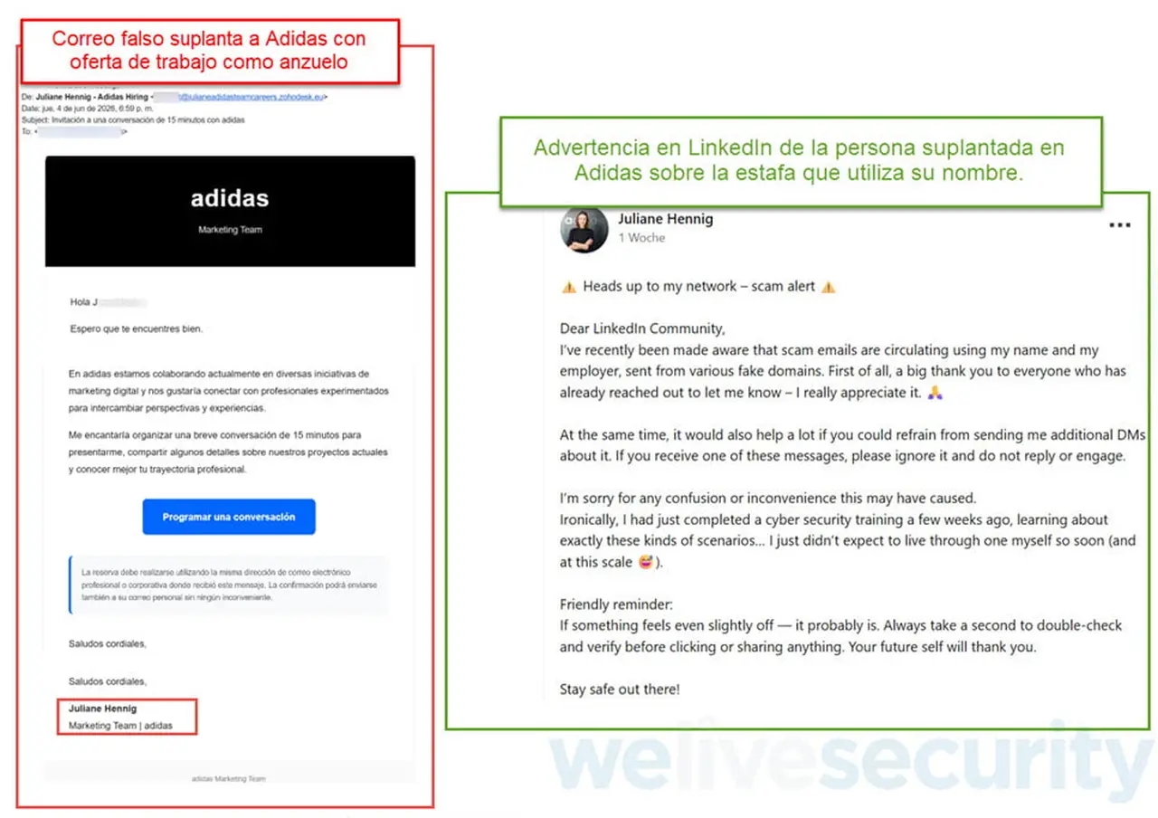 Estafa laboral a nombre de adidas, identificada por ESET