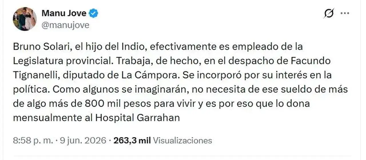 El hijo del Indio Solari dona su sueldo al hospital Garrahan