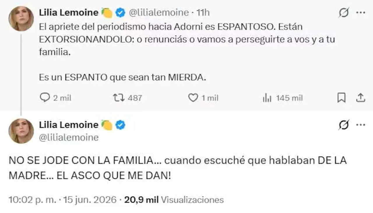 Tuit de Lilia Lemoine en defensa de Manual Adorni
