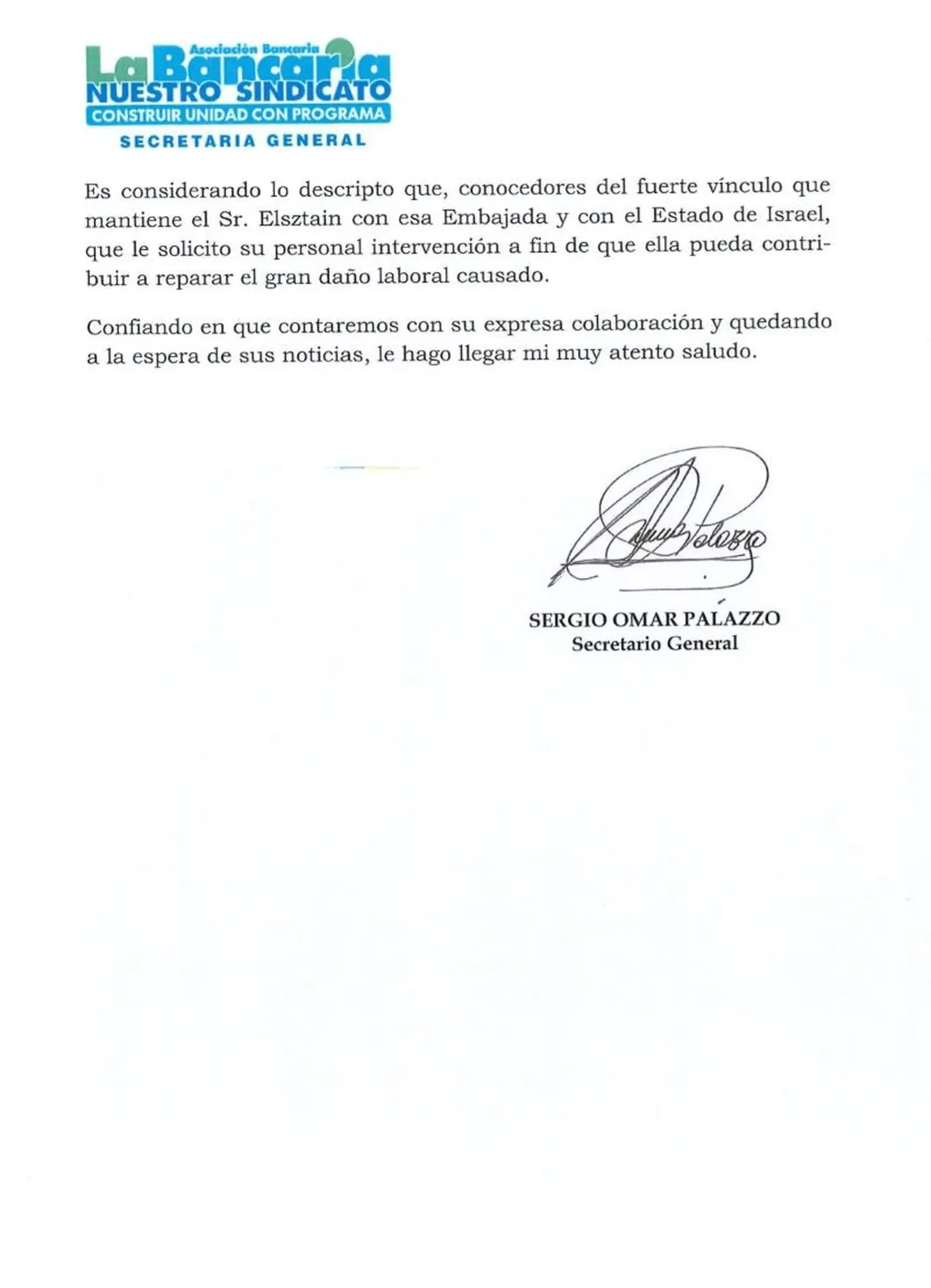 La carta de La Bancaria a la Embajada de Israel