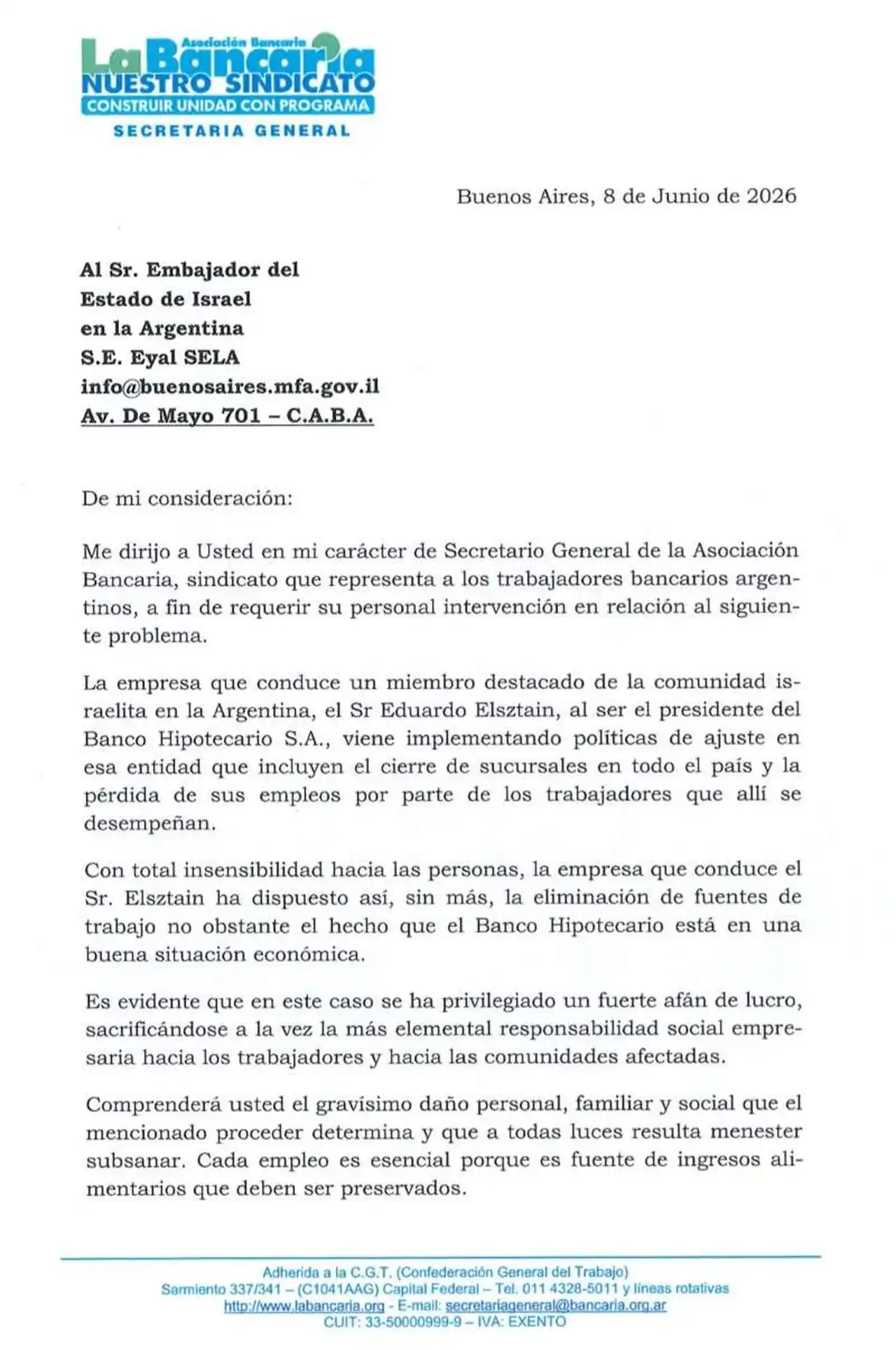 La carta de La Bancaria a la Embajada de Israel