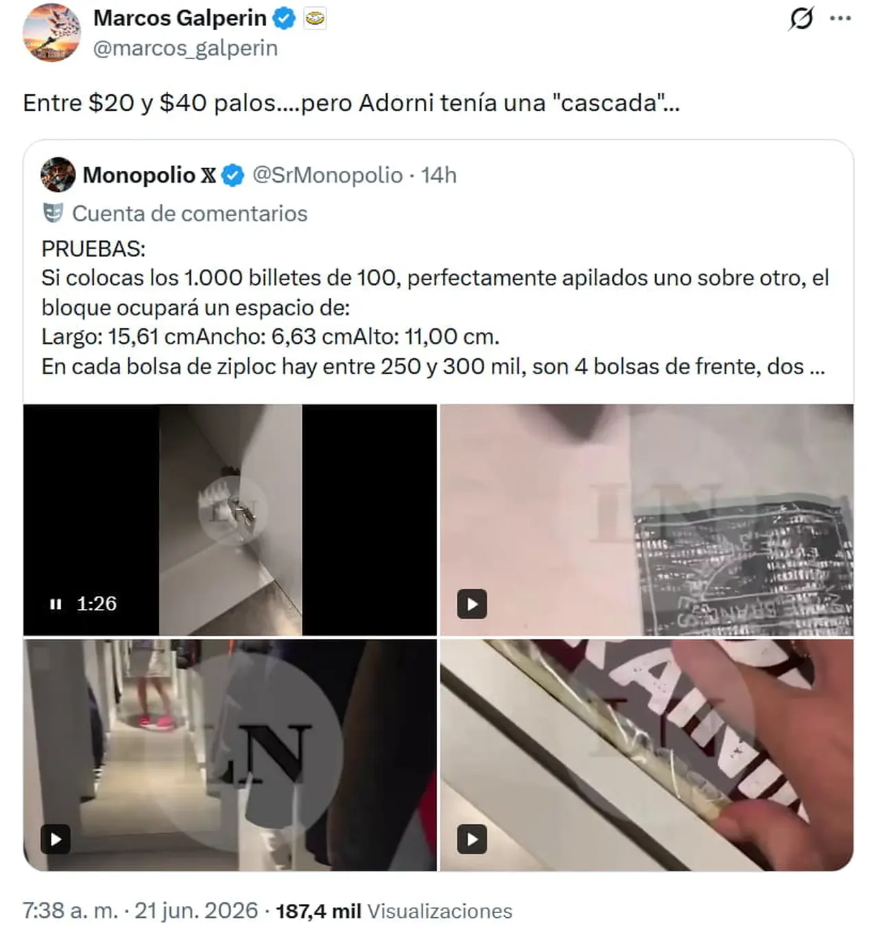 La reacción de Galperin tras conocerse videos de Jesica Cirio con dólares guardados.