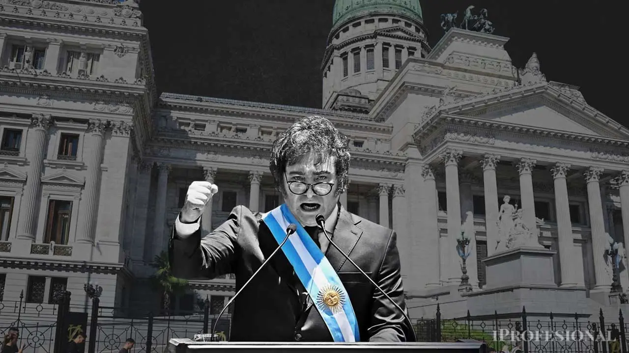Javier Milei con el Congreso de fondo. Imagen generada por iProfesional
