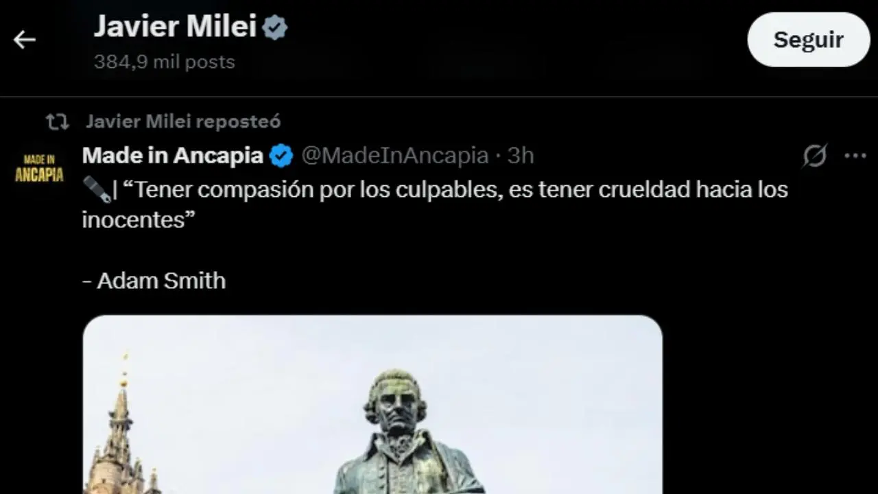 El mensaje de Milei en redes sociales: replicó un post que habla de la compasión por los culpables
