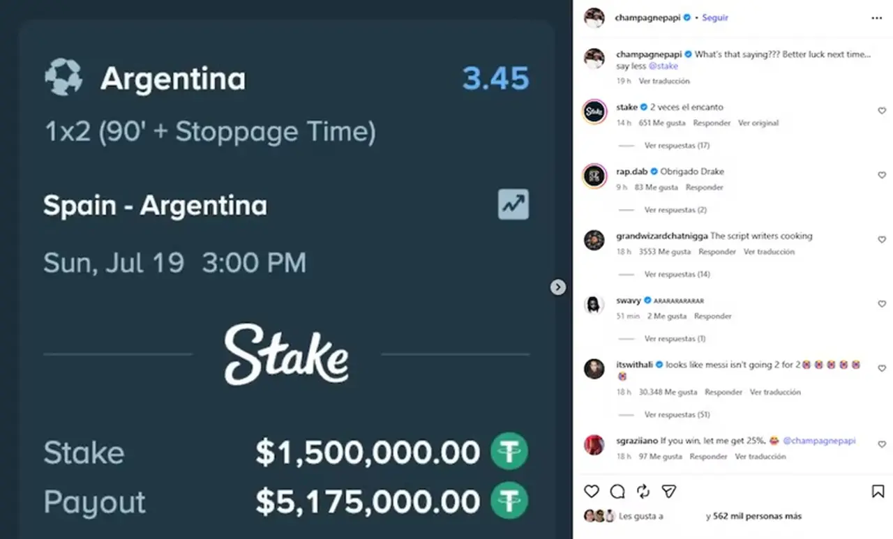 Drake perdió 1,5 millones de dólares tras apostar por Argentina en la final del Mundial 2026