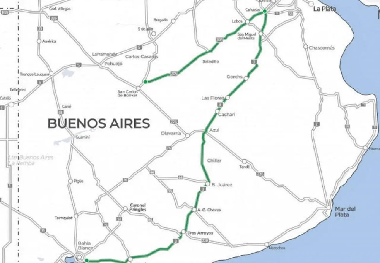 En territorio bonaerense, la Ruta Nacional 3 recorre alrededor de 740 kilómetros