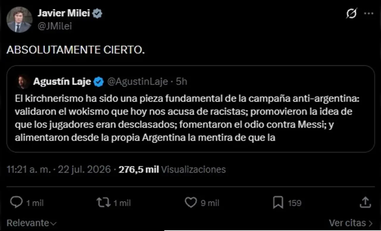 El Presidente reposteó un mensaje de Laje que cuestionaba el rol del kirchnerismo en este contexto.