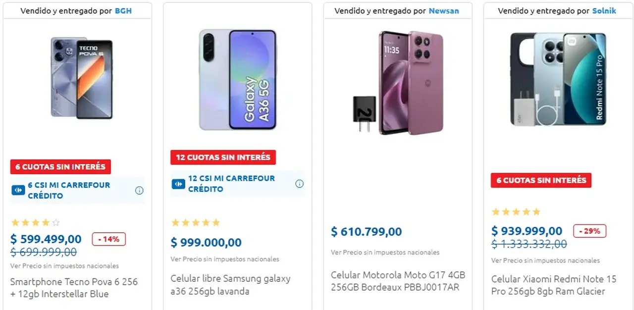 Algunos de los celulares en oferta en Carrefour