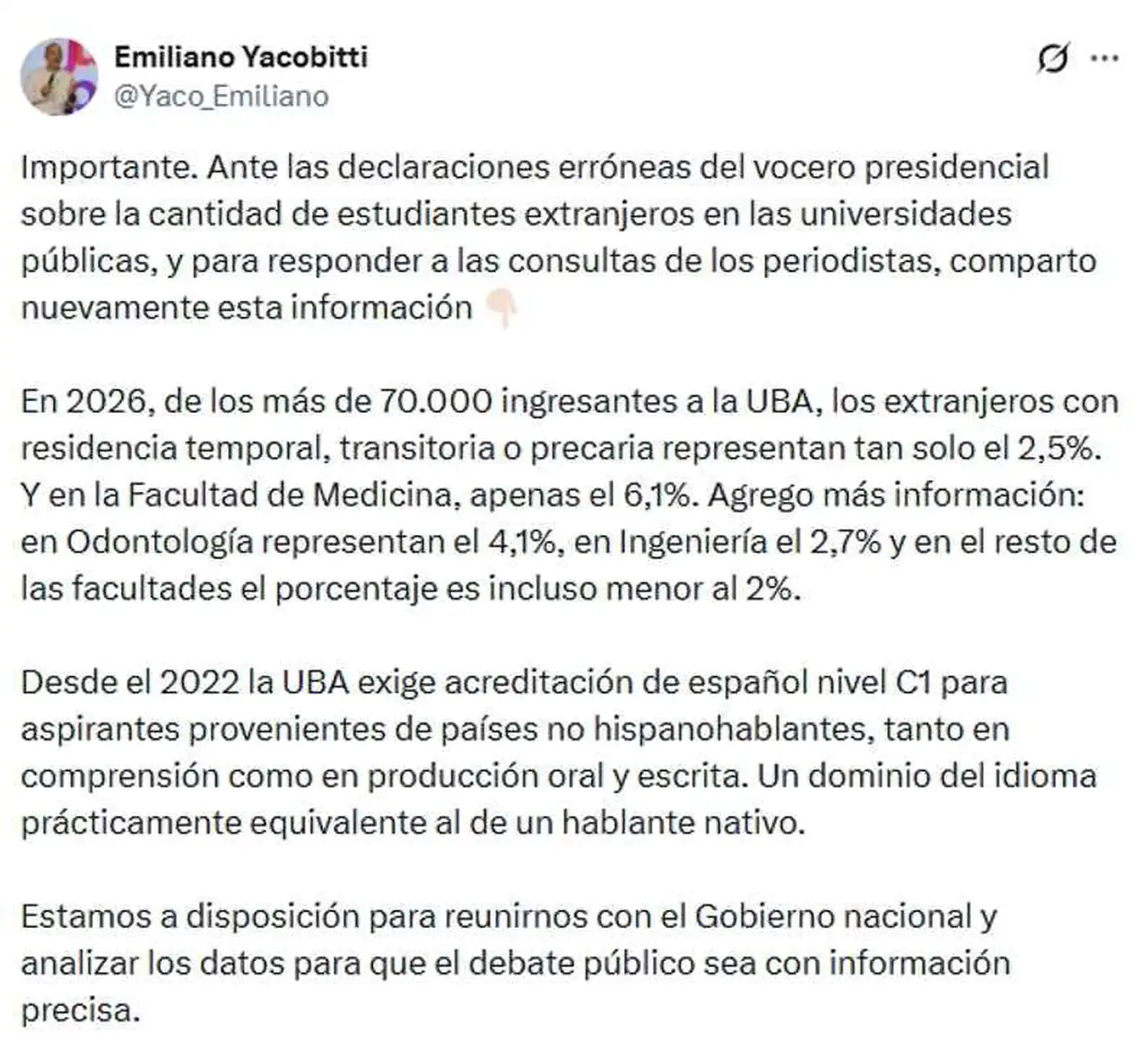 La UBA difundió datos sobre el ingreso de estudiantes extranjeros y aseguró que representan el 2,5%