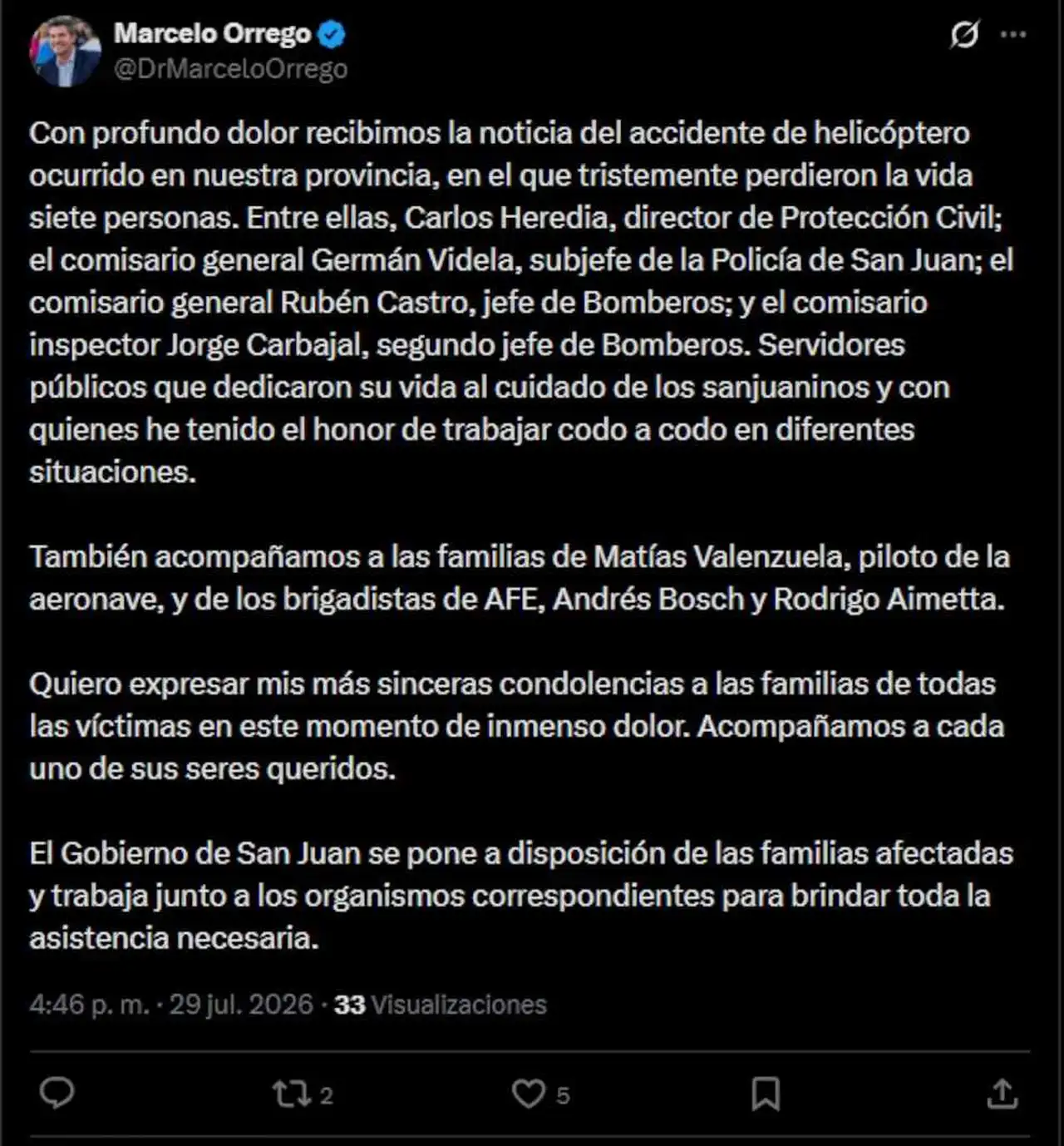 El mensaje del gobernador Marcelo Orrego