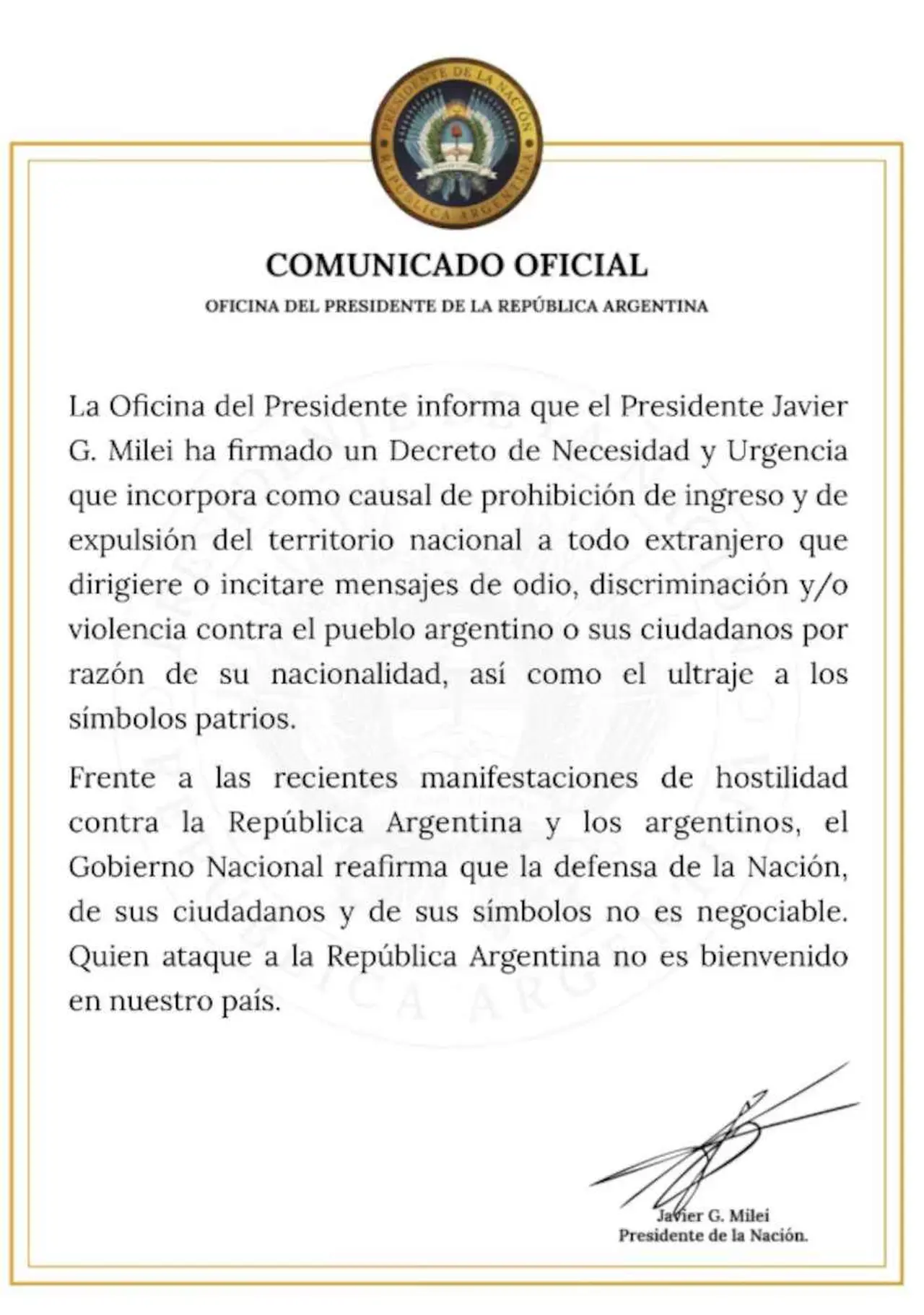 Milei firmó un DNU que modifica las condiciones de ingreso y permanencia de extranjeros en Argentina