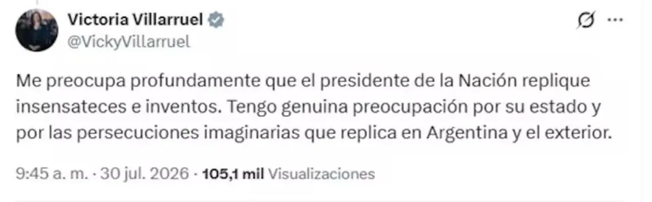 El tuit de Villarruel con una fuerte crítica a Javier Milei