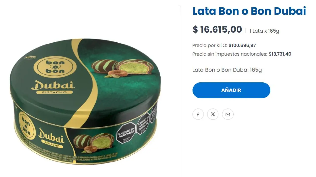 Arcor vende la nueva lata de Bon o Bon Dubai Pistacho a $16.615 en su tienda online