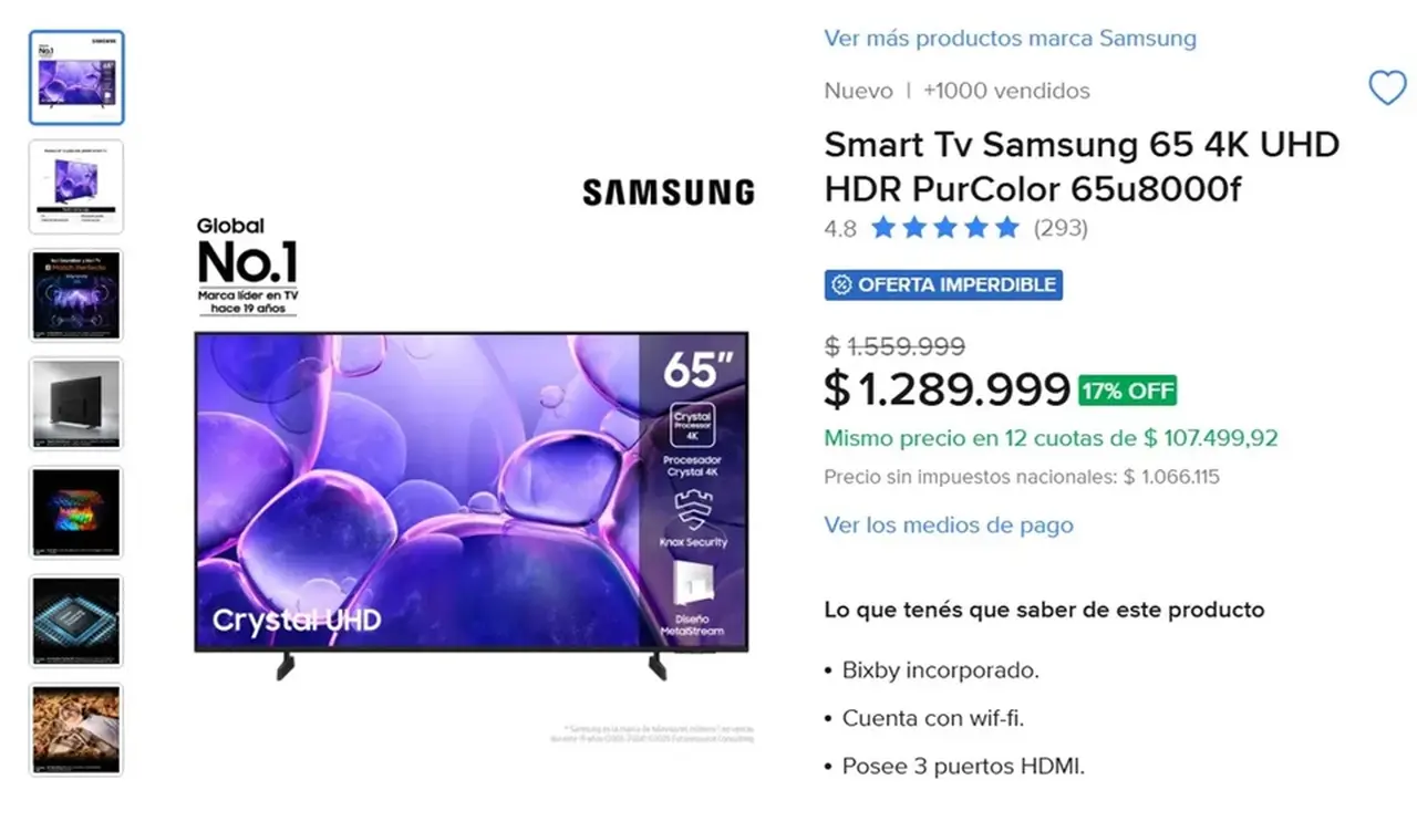 Mercado Libre rebajó un Smart TV Samsung de 65 pulgadas y ahora cuesta $266.000 menos
