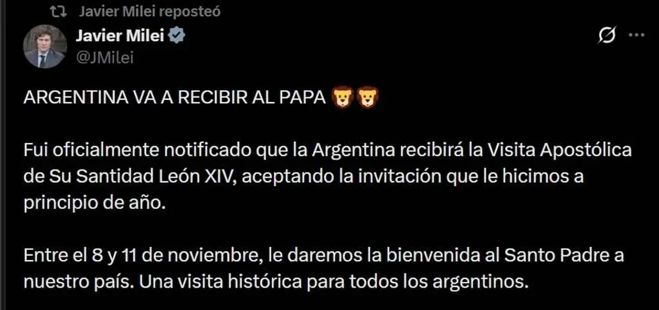 Tuit de Milei sobre la llegada a la Argentina del Papa