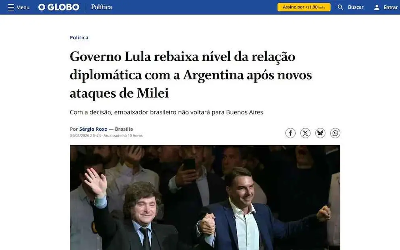 O Globo destacó el gesto de Lula al involucrar al canciller en la crisis con Argentina.