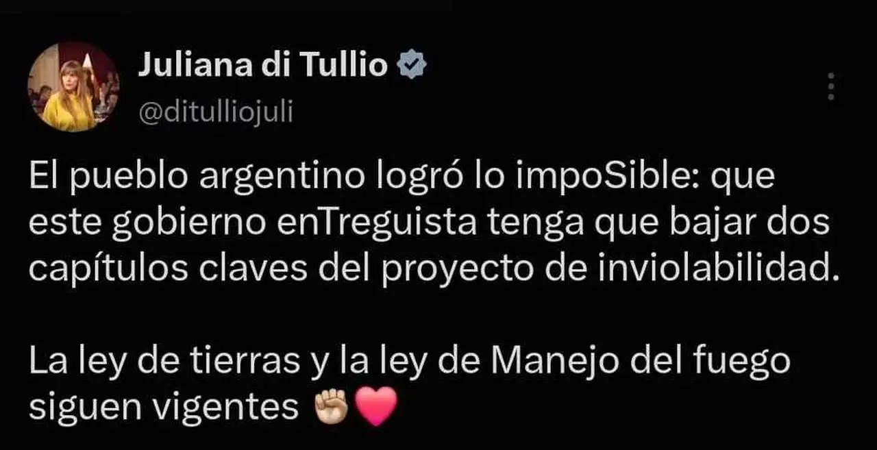 Juliana Di Tullio celebró que el Gobierno retirara los cambios previstos para la Ley de Tierras y la