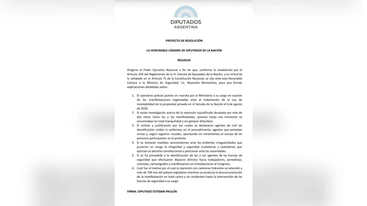 Esteban Paulón compartió en redes el proyecto de resolución pidiendo la presencia de Monteoliva en e