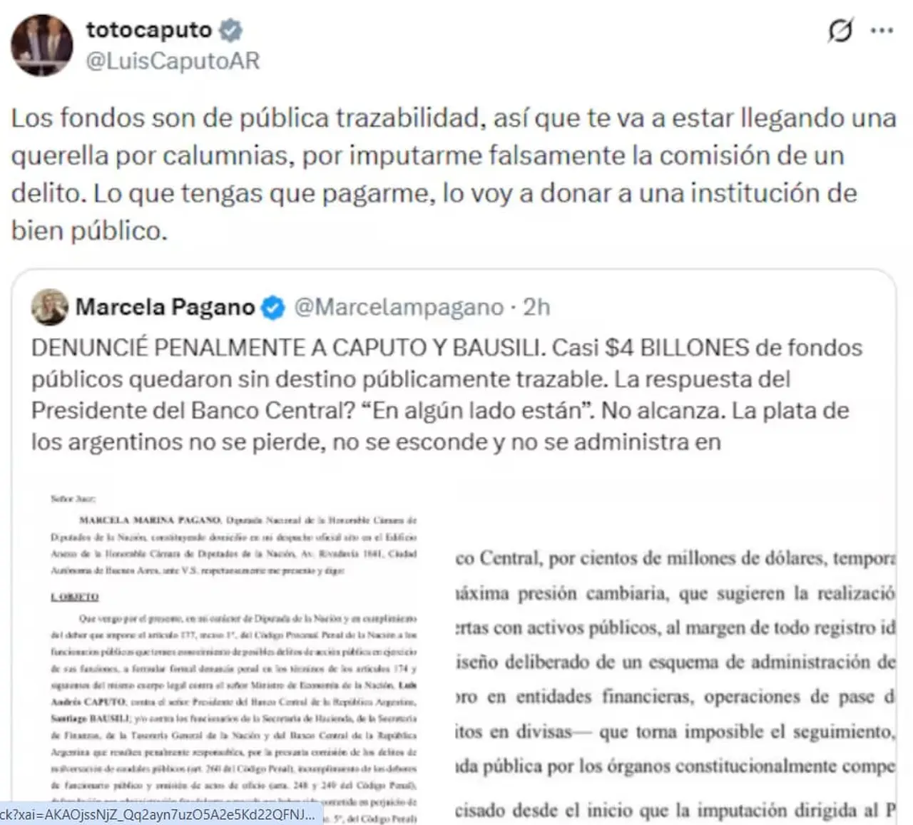 La respuesta de Luis Caputo, tras la denuncia de Marcela Pagano en su contra.