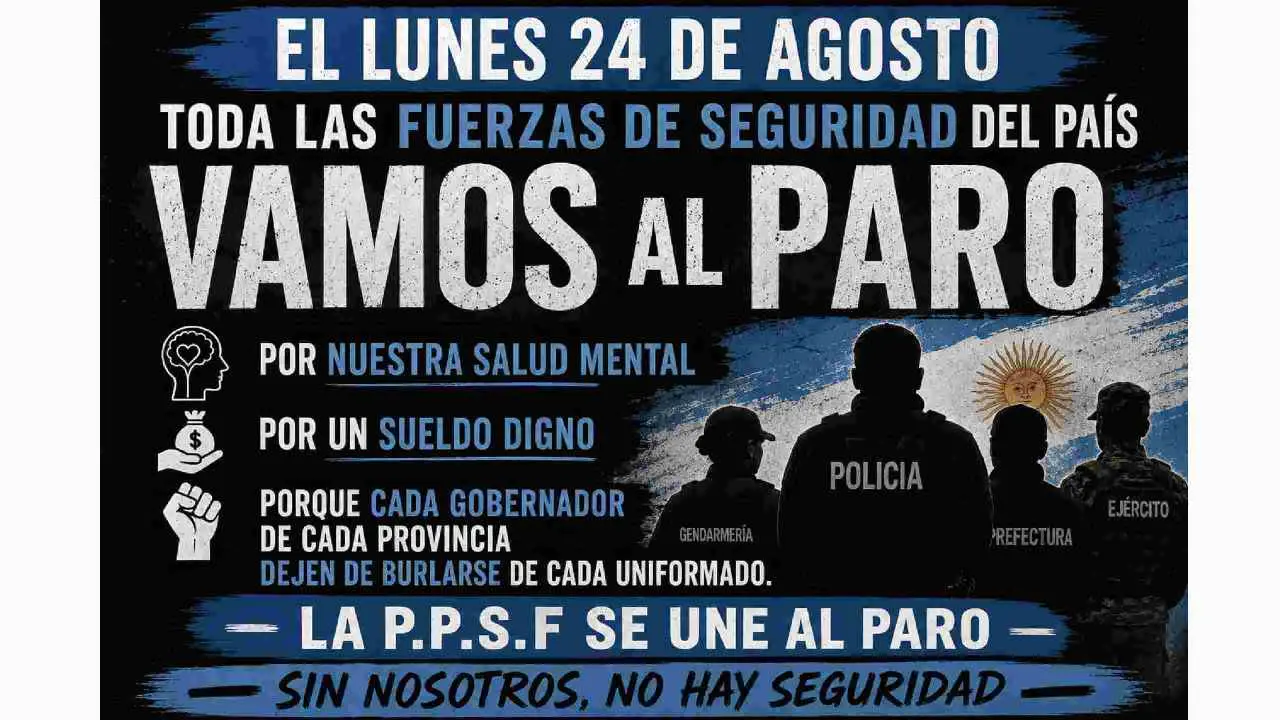 Aviso en negro, azul y blanco que anuncia el paro de las fuerzas de seguridad de este lunes