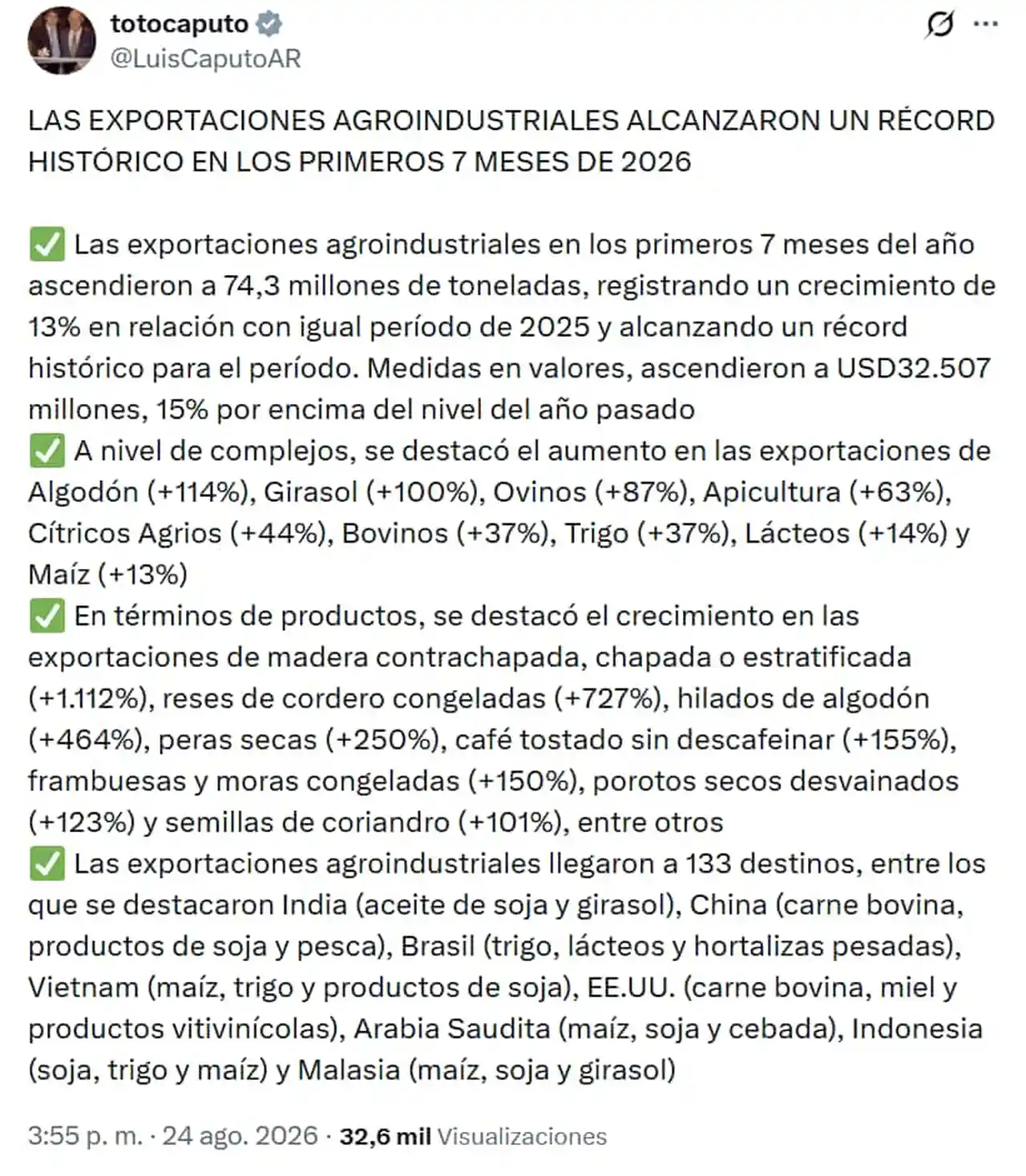 Luis Caputo destacó el récord de exportaciones logrado por el campo en 2026.