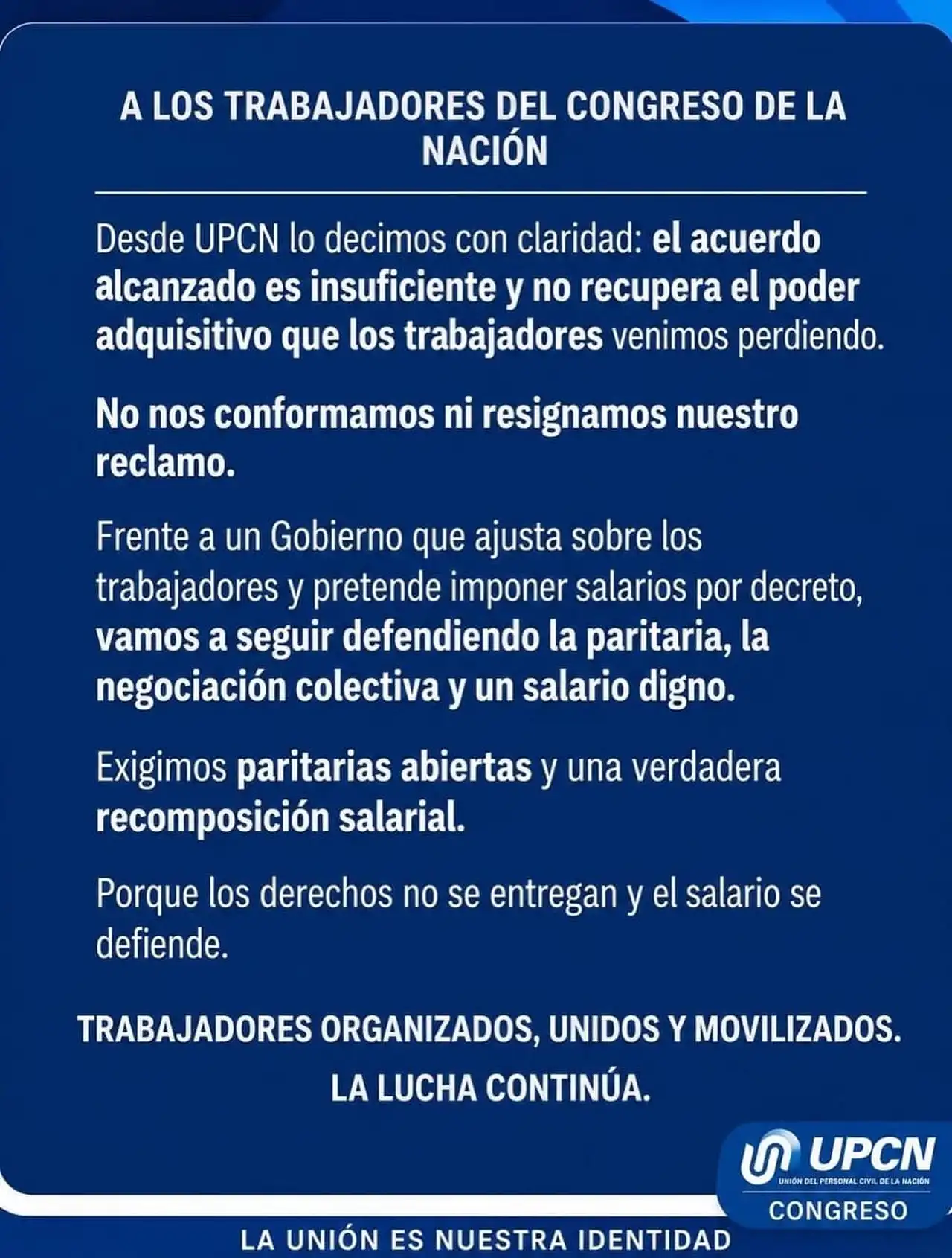 Comunicado de UPCN Congreso por el aumento salarial paritario del tercer cuatrimestre 2026