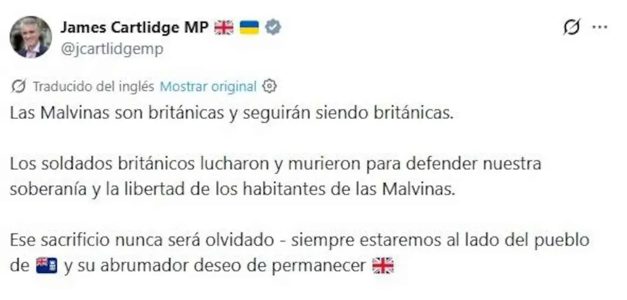 Posteo James Cartlidge sobre la soberanía de las Islas Malvinas
