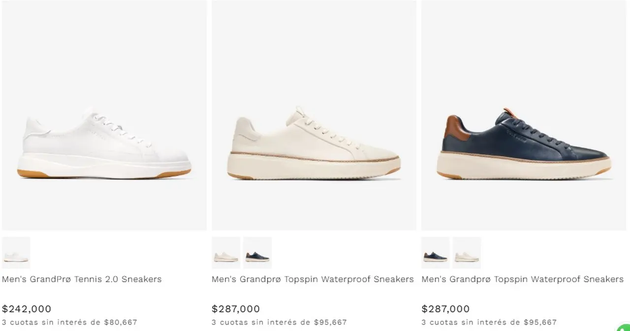 Captura del sitio web de Cole Haan con precios de zapatillas y zapatos