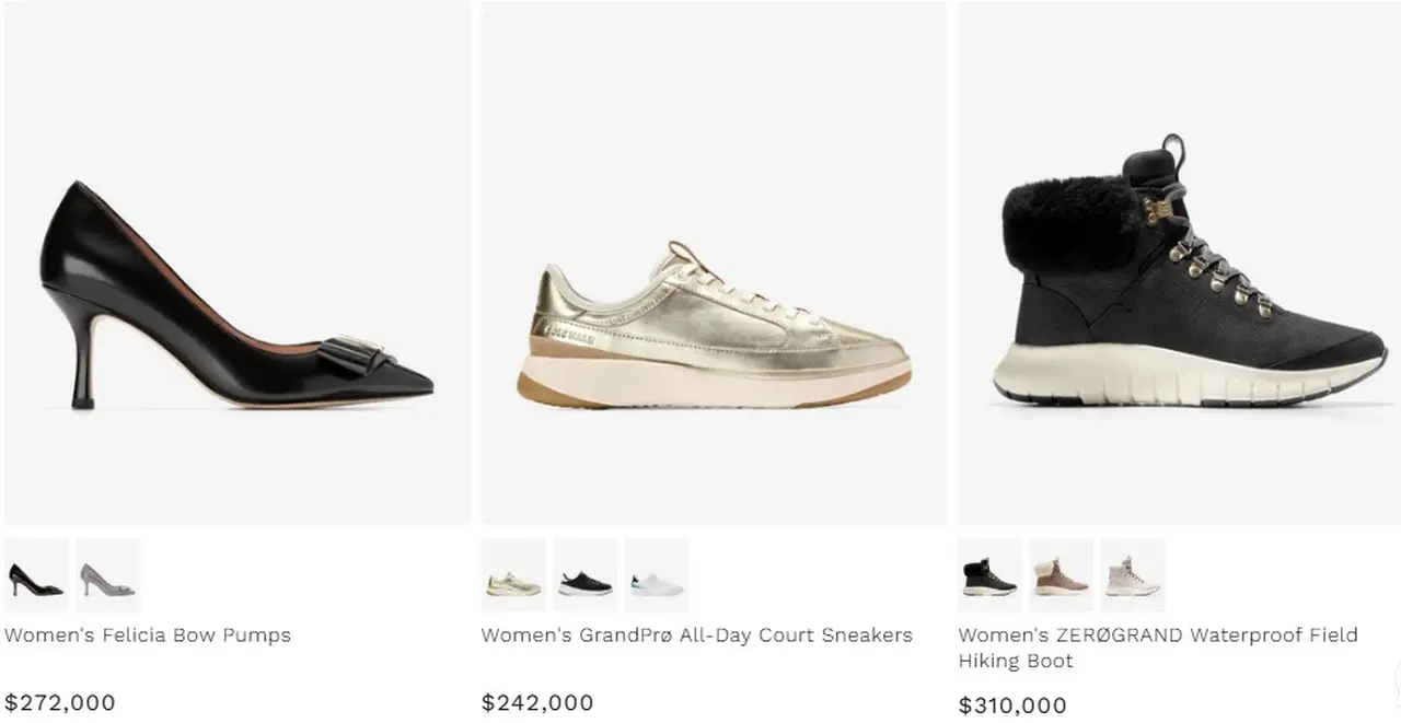 Captura del sitio web de Cole Haan con precios de zapatillas y zapatos