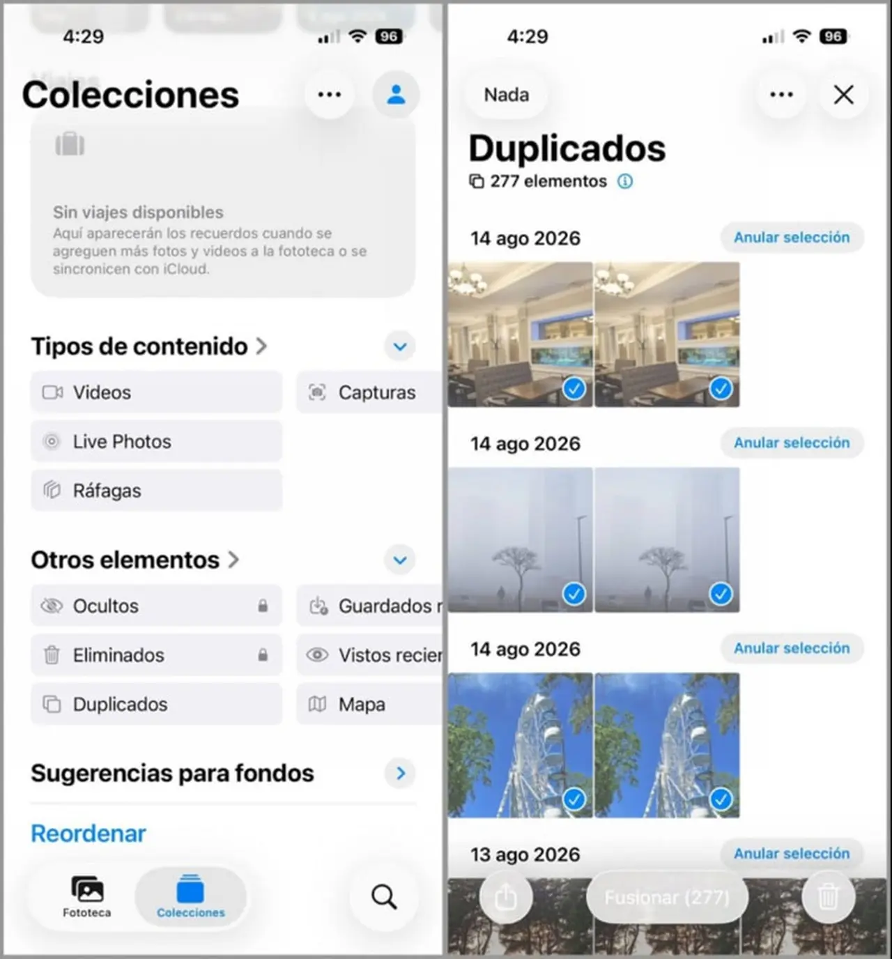 Para eliminar imágenes duplicadas o similares habrá que ir a la opción 'Colecciones'.