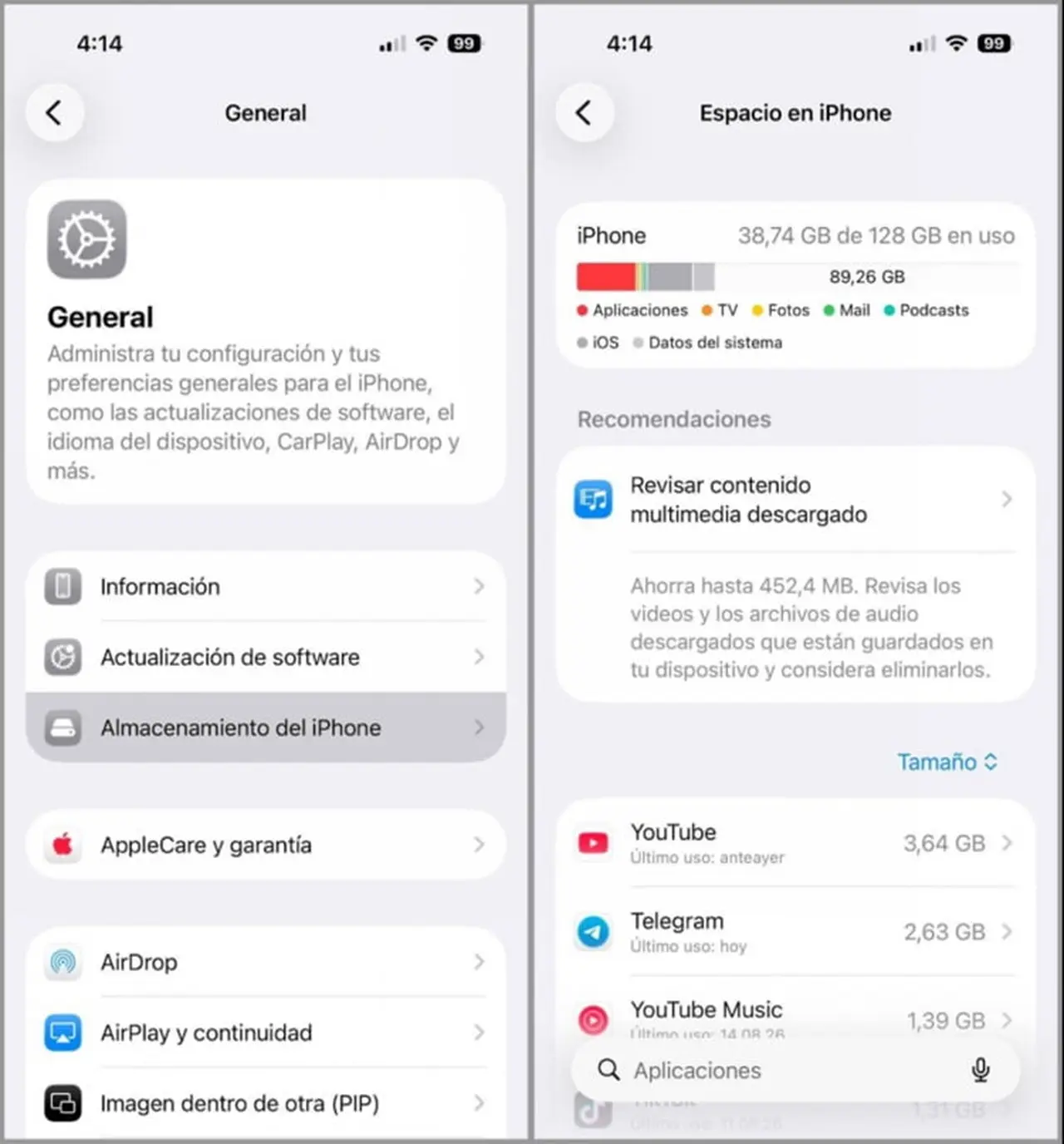 Para consultar el almacenamiento en IOS, habrá que dirigirse a 'Configuración'