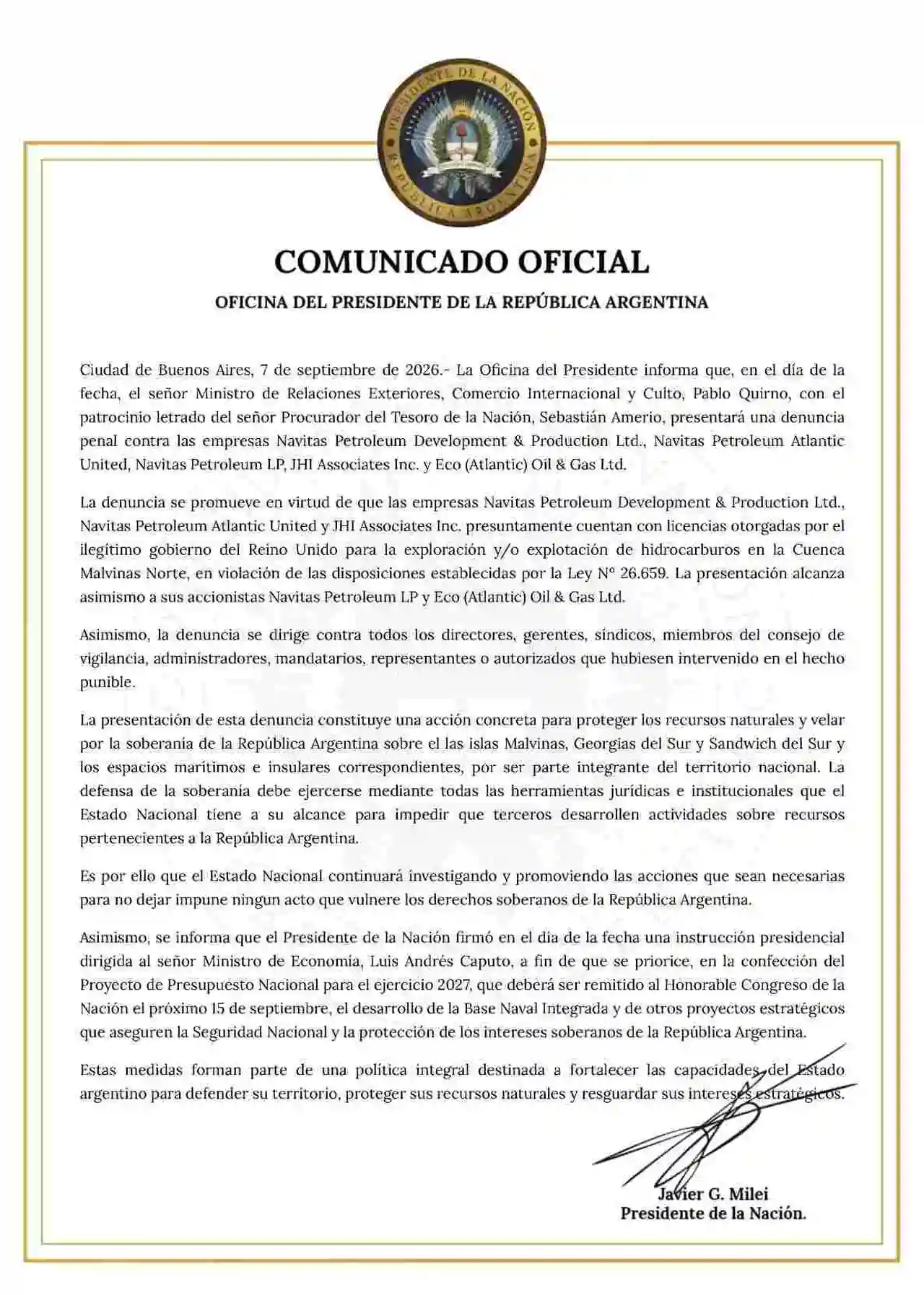 El Gobierno confirmó que denunciará penalmente a las petroleras que operan en Malvinas