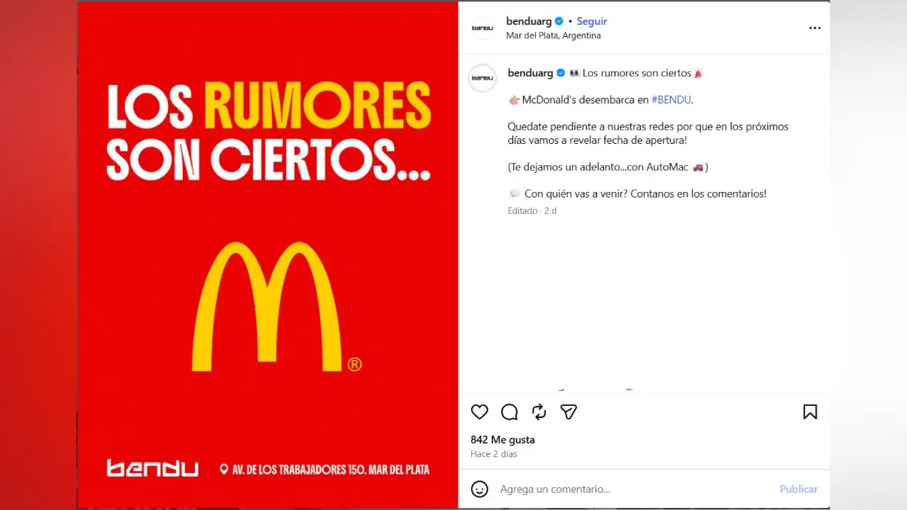 Bendu confirmó la apertura de un McDonald's en su centro comercial en Mar del Plata