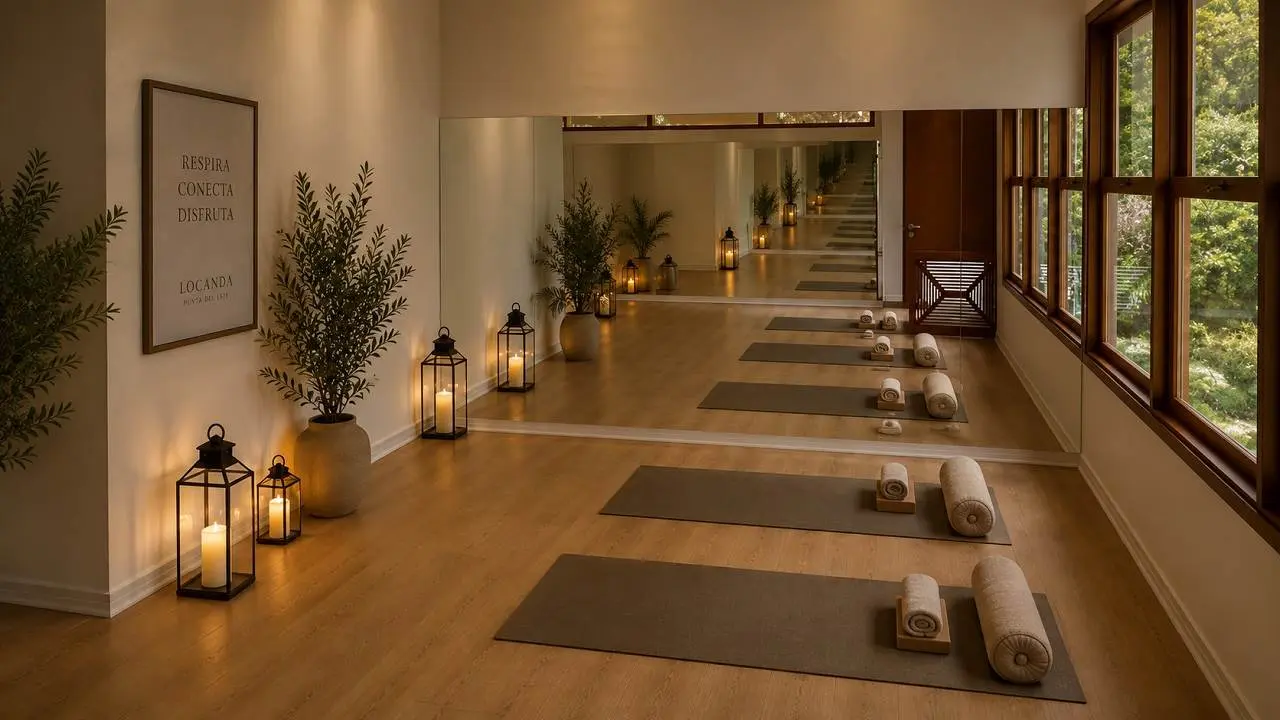 Habitación para realizar yoga con colchonetas, velas y plantas