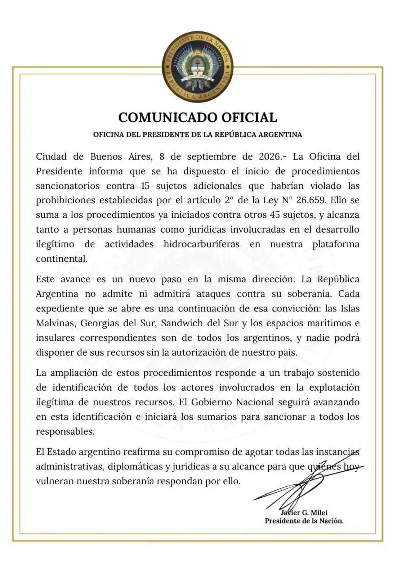 Captura del comunicado que publicó el Gobierno