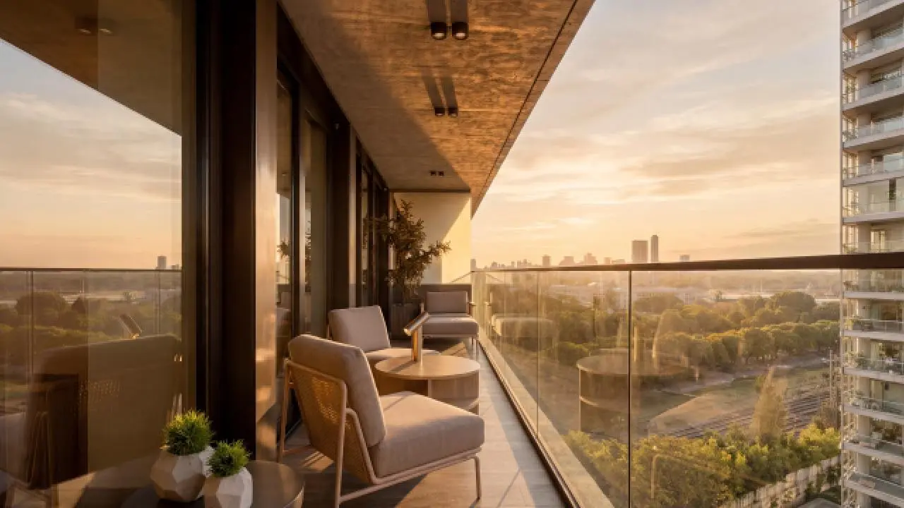 Juego de sillones y mesa en el balcon de un edificio de lujo con vista a espacios verdes y edificios