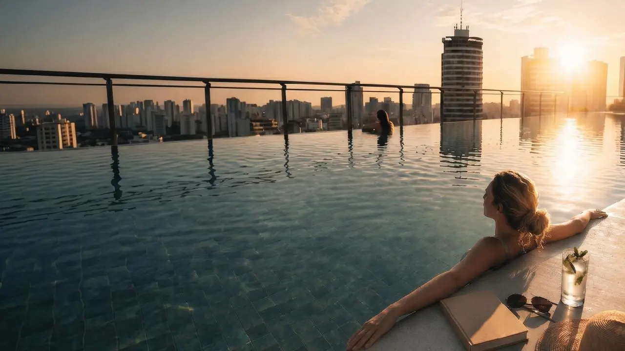 Dos mujeres disfrutando de una pileta en la terraza de un edificio de lujo con vistas a la ciudad