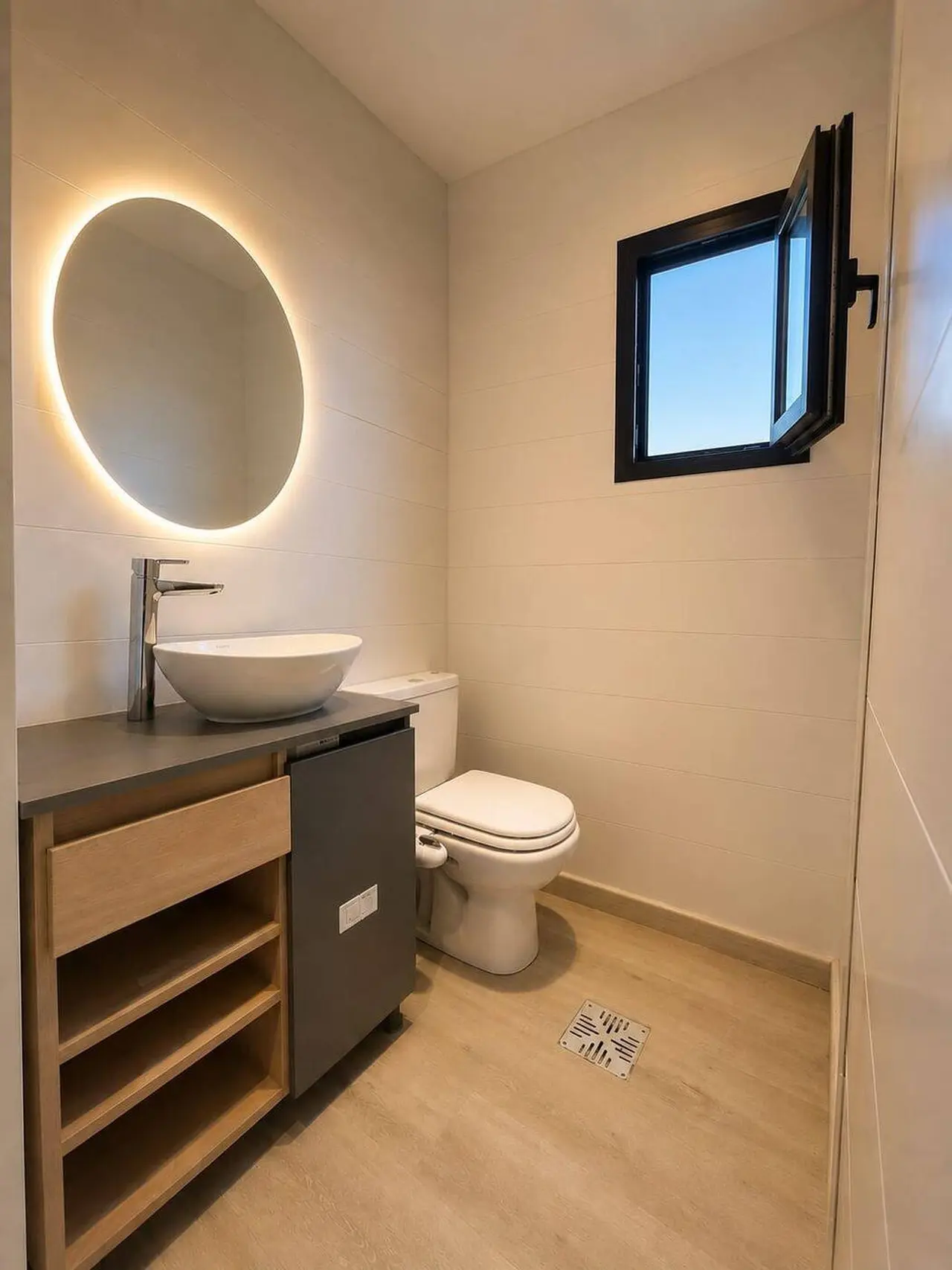 El baño se entrega equipado con inodoro, bidet y accesorios