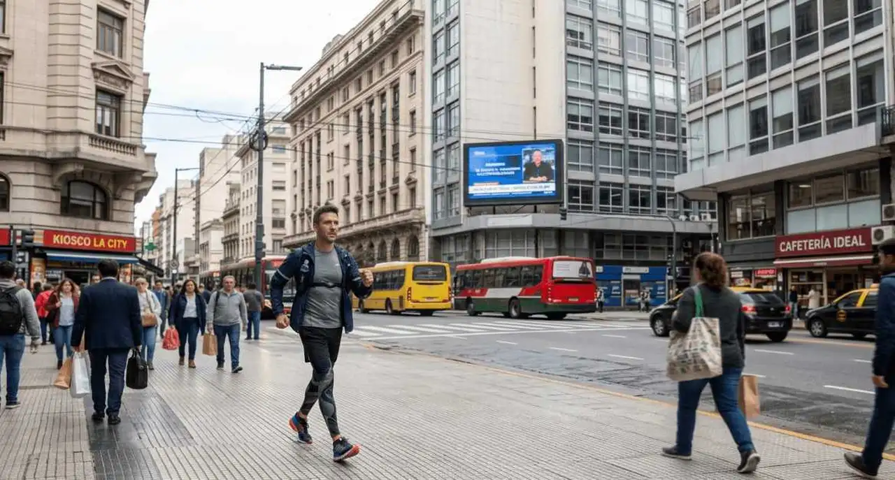 Un hombre con ropa deportiva camina por la vereda de una ciudad como Buenos Aires