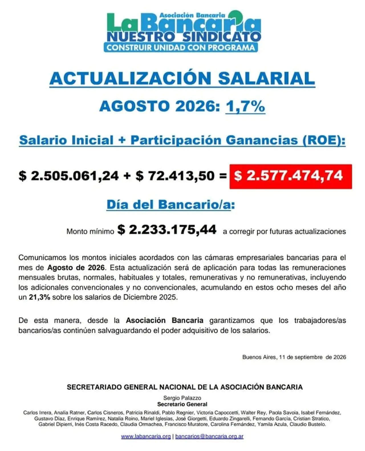 Texto sobre la actualización salarial empleados bancarios agosto 2026. Imagen gentileza La Bancaria.