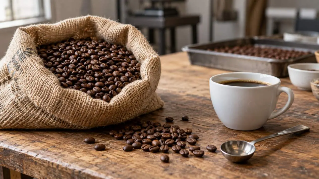 Un pocillo de café al lado de una cuchara y una bolsa con granos de café, todo sobre una mesa