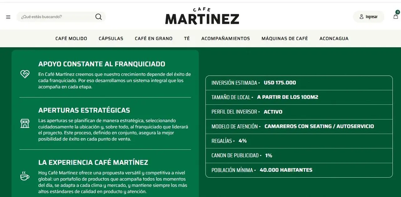 Captura de la página de Café Martínez con datos para invertir en su franquicia