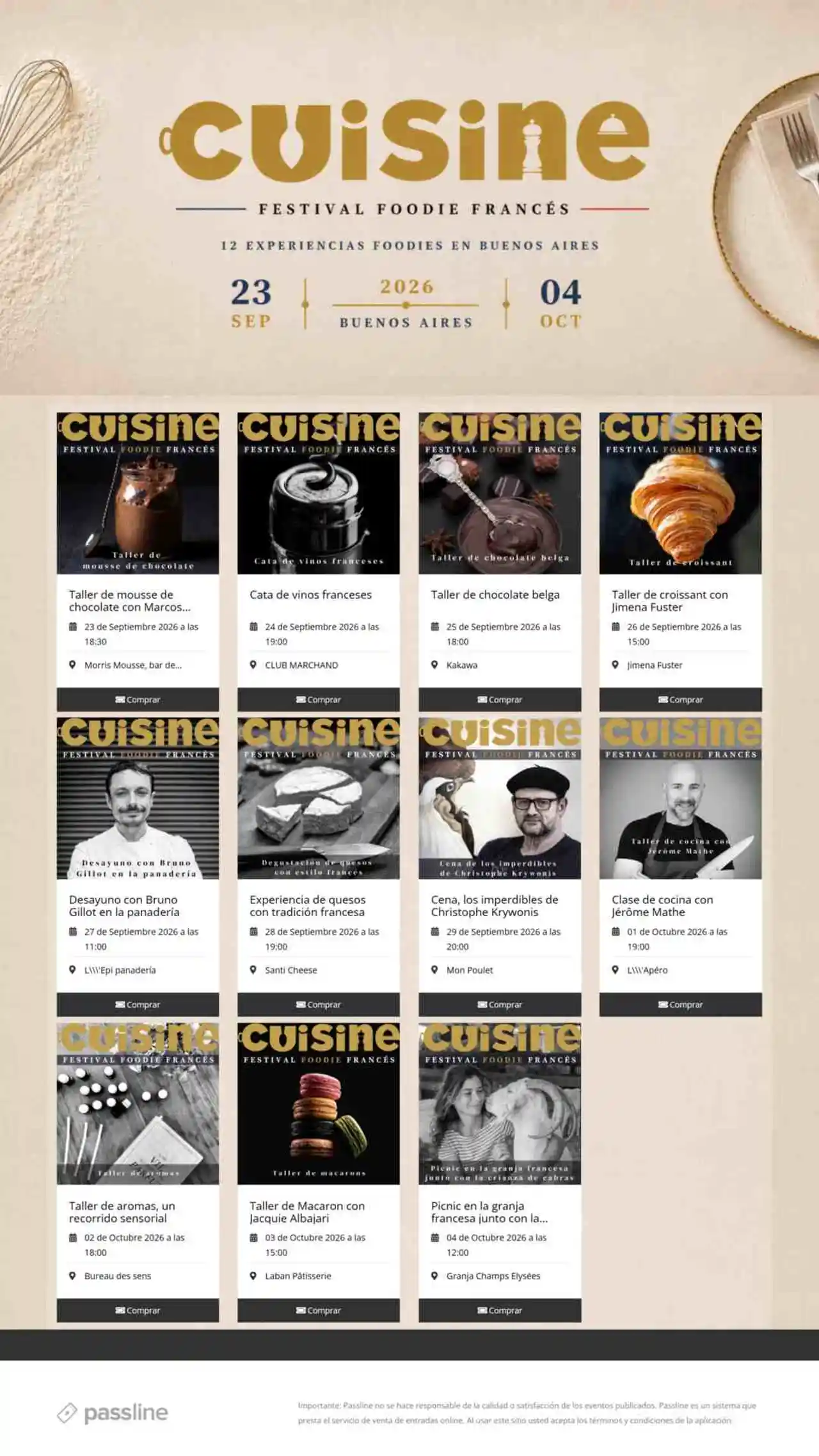 Cartel promocional con las 12 experiencias del festival (Gentileza Cuisine)