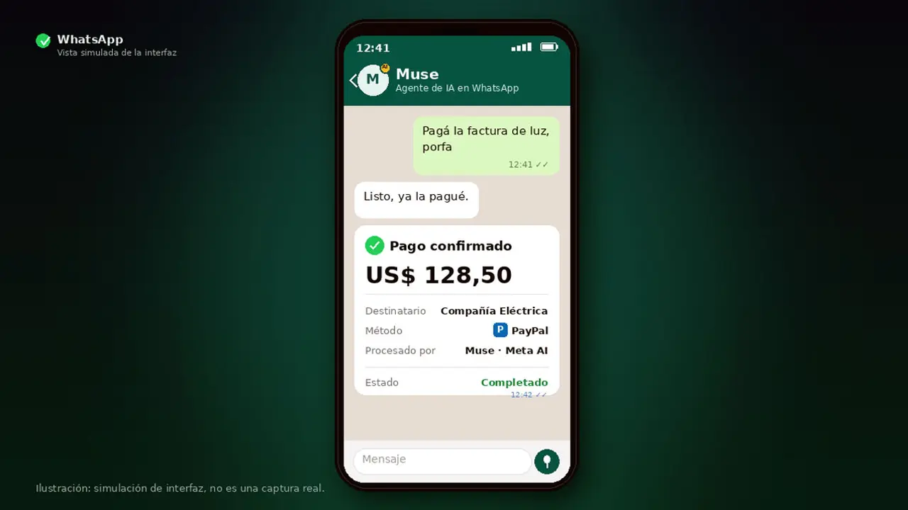 Pantalla de celular con la aplicación WhatsApp abierta que exhibe una confirmación de pago sobre un fondo negro