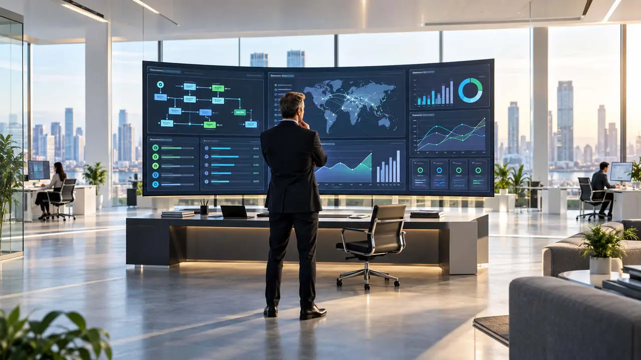 Ejecutivo analiza gráficos y datos en una gran pantalla dentro de una oficina moderna.