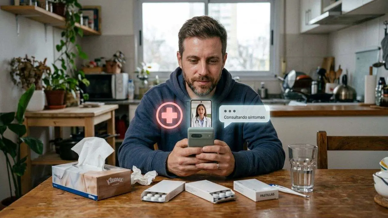 Un hombre consultando al celular por cuestiones de salud. Imagen generada por IA