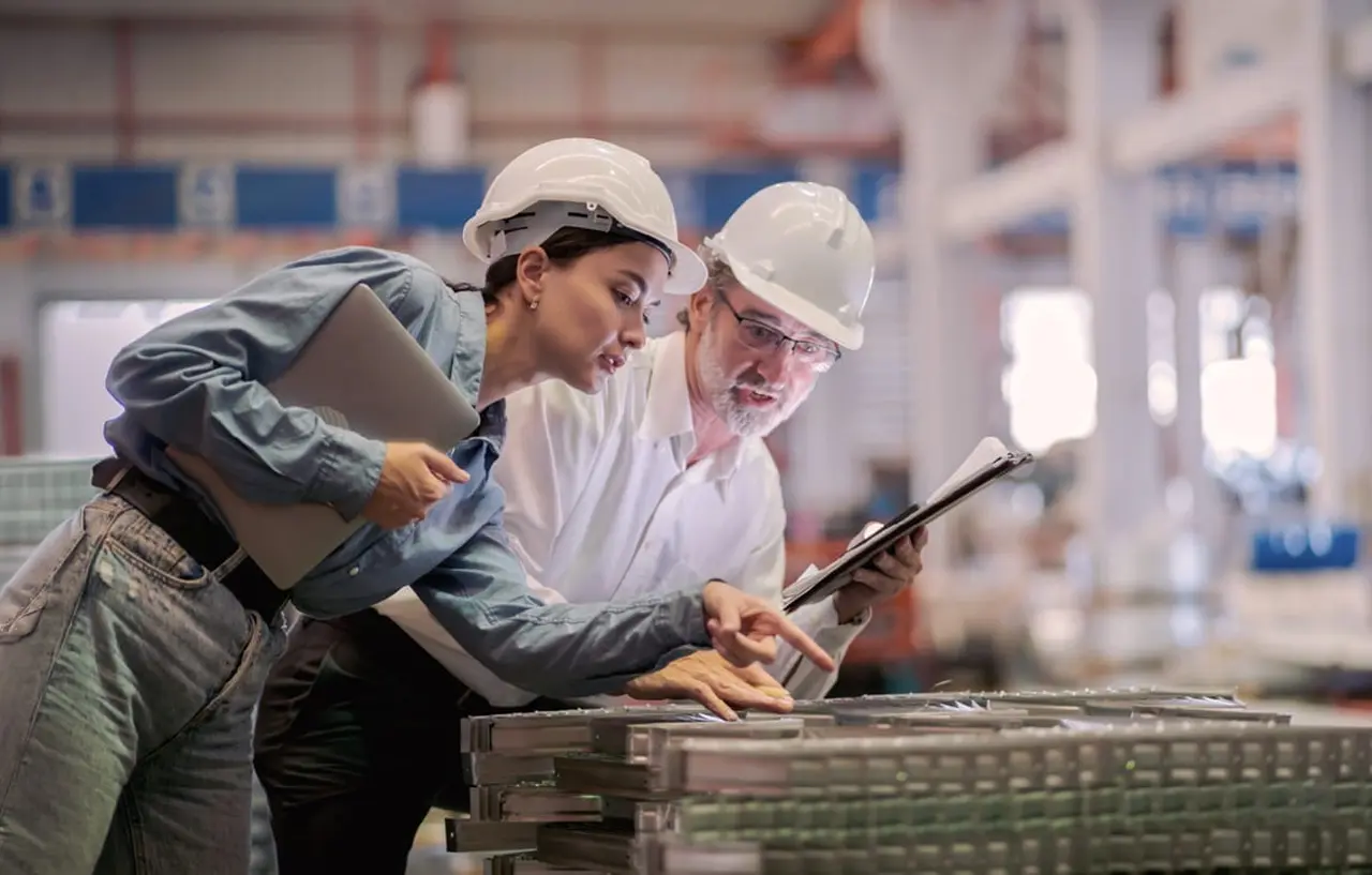 Trabajadores en una empresa usando cascos e indumentaria laboral