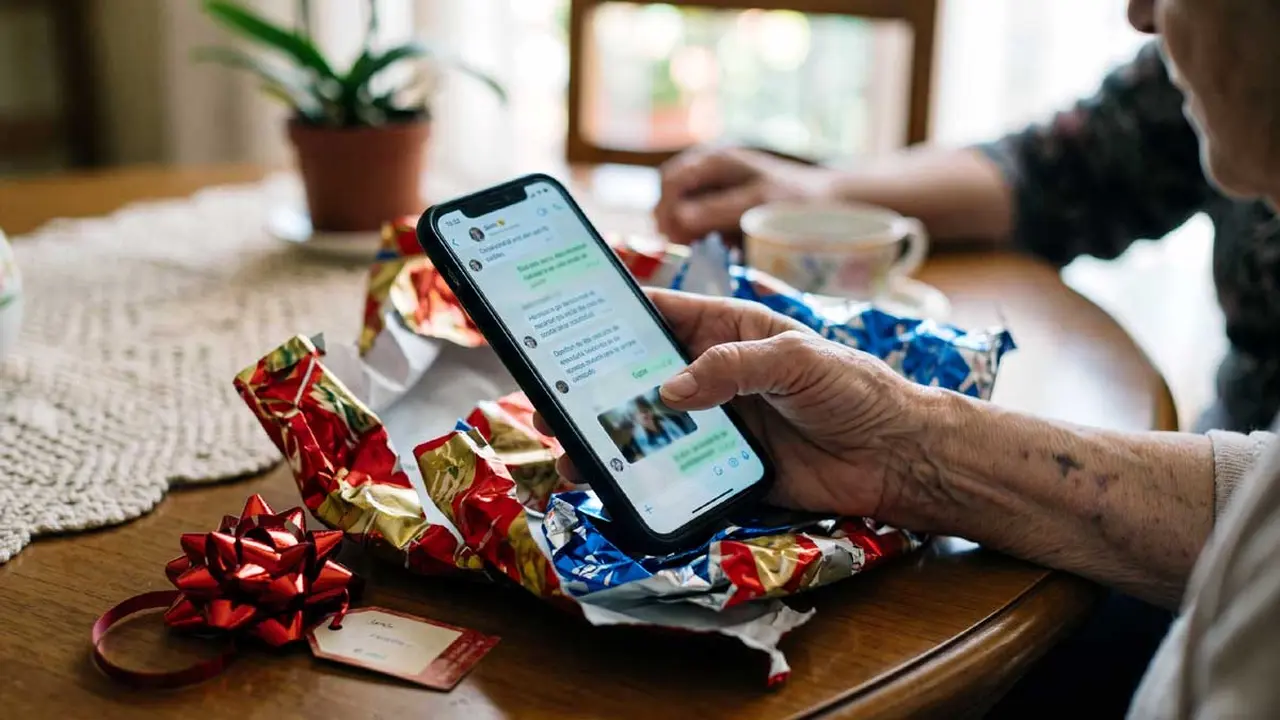 Manos con un celular sobre una mesa de madera y envoltorio de regalo