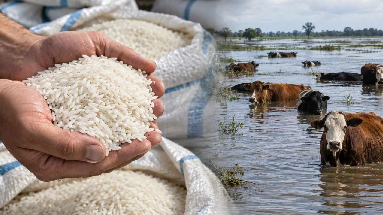 Imagen de granos de arroz y vacas bajo el agua. Imagen generada por Inteligencia Artificial