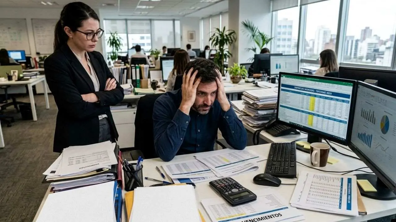 Una persona se toma la cabeza mientras otra lo mira preocupada frente a una computadora. Imagen generada por IA